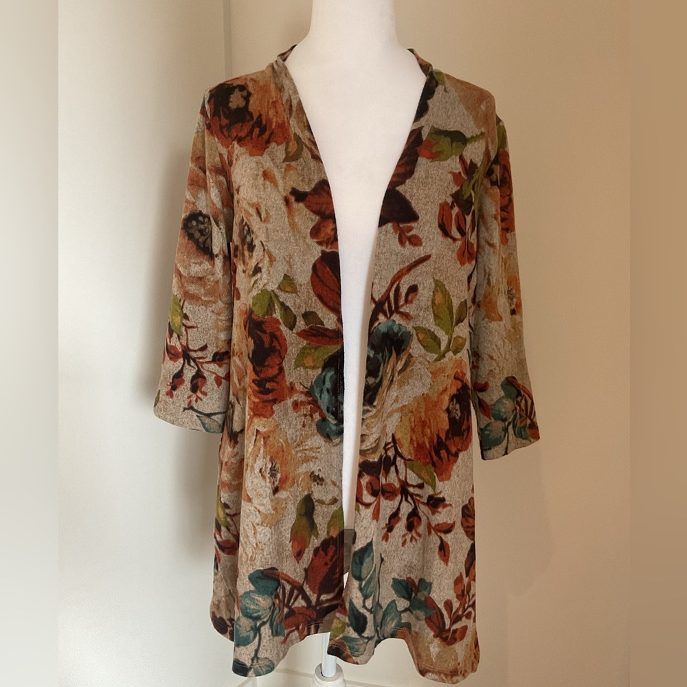 Laura’s Long Fall Floral Super Soft Open  duster with side slits .